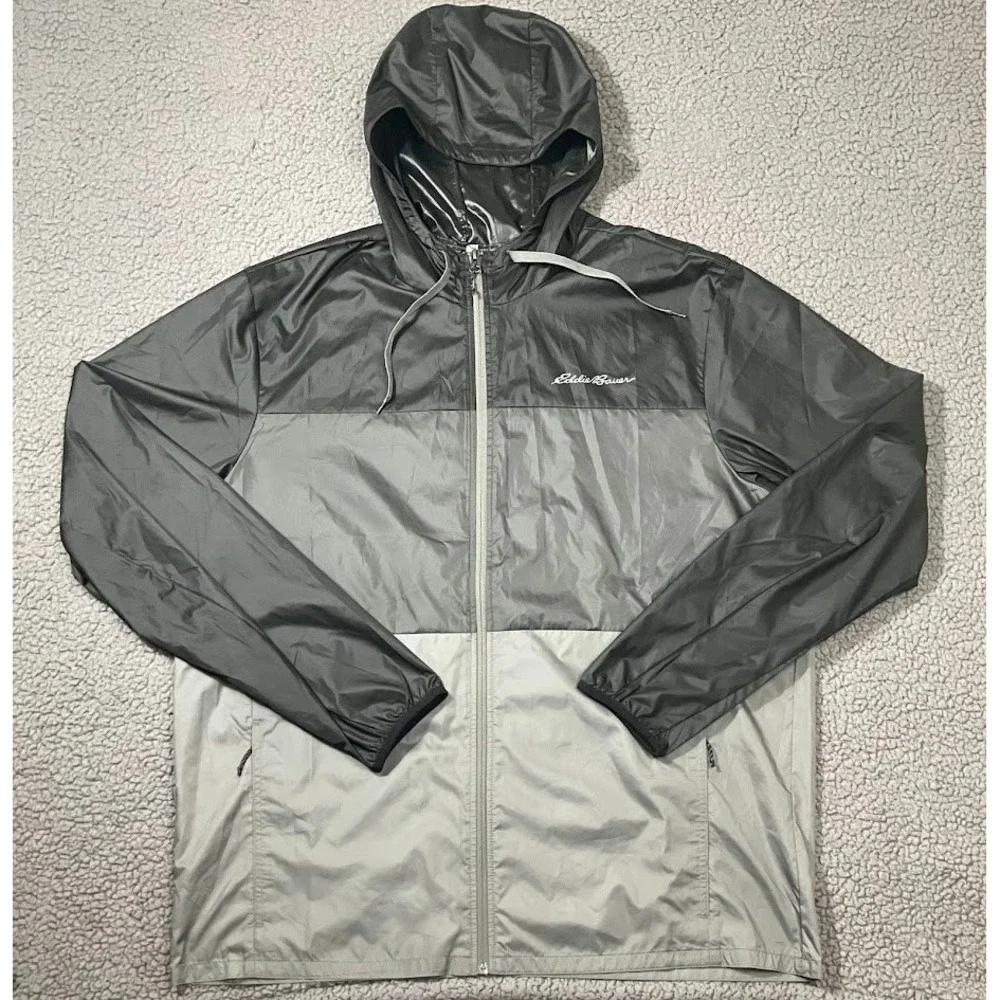 Eddie Bauer Mens TXL Black/Grey Colorblock Hooded Windbreaker Jacket